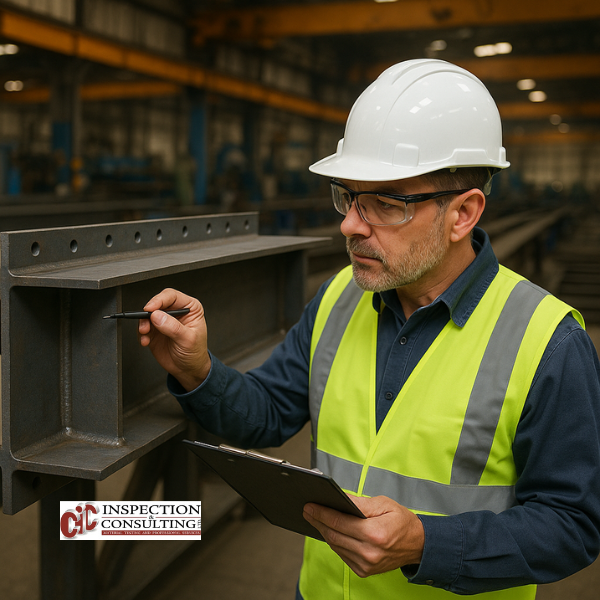 man checking quality assurance during structural steel fabrication